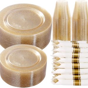 DaYammi 350 Pieces Gold Glitter Dinnerware Set 50 Guest for party- 50 Dinner Plates, 50 Dessert Plates -50 Per Rolled Napkins with Gold Cutlery - 50 Disposable Cups 9 OZ