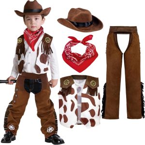 Spooktacular Creations Halloween Cowboy Costume for Boys, Kids Cowboy Costume Set, White&Brown Western Style Cowboy Outfit with Cowboy Hat for Toddler Dress-up, RolePlay Party (3T (3-4 YRS))