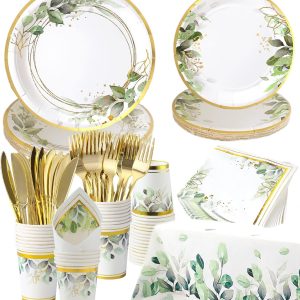 Greenery Plates and Napkins Party Supplies - Serves 16 - Green Plates Party Cups Knifes Forks Greenery Theme for Baby Shower Bridal Shower Wedding Decorations Gender Neutral