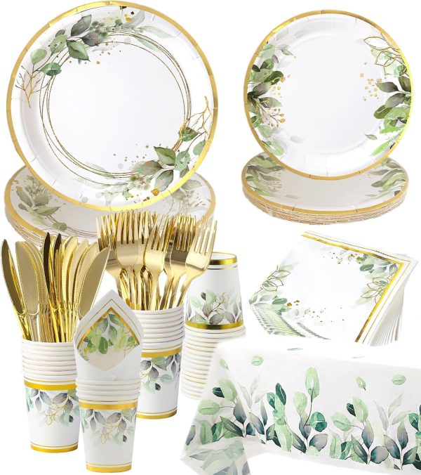 Greenery Plates and Napkins Party Supplies - Serves 16 - Green Plates Party Cups Knifes Forks Greenery Theme for Baby Shower Bridal Shower Wedding Decorations Gender Neutral
