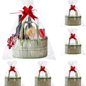 Tioncy 6 Set Baskets for Gifts Empty Bulk Large Woven Bamboo Gift Basket Kit with Handles, Clear Cellophane Wrap Baskets for Baby Shower, Birthday Party Wrapping Gift Bags Cards (Green)