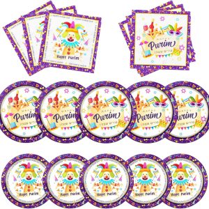 HAKOTI Happy Purim Party Supplies,60Pcs Jewish Purim Tableware Decorations Set Purple White Purim Mask Plates and Clown Napkins, Happy Purim Dinnerware for Jewish Carnival Holiday Party Decor