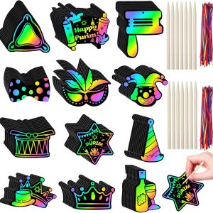 Deekin 120 Pcs Purim Scratch Paper Art Set, Purim Colored Scratch Cards Hanging Rainbow Ornaments Crafts Champagne Mask Narcissus Purim Party Activities DIY Art Painting Project Supplies