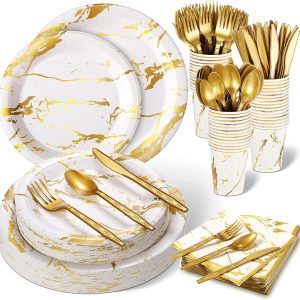 Bokon 350 Pcs Chinese New Year Disposable Dinnerware Set Include 100 Plates 50 Paper 9 oz Cups 50 Sets Spoons Forks Knives 50 Napkins for 50 Guests(White and Gold)