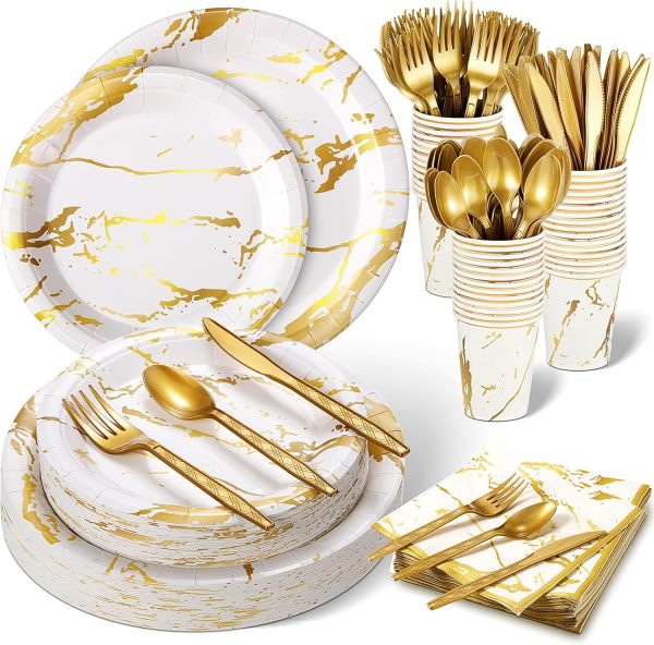 Bokon 350 Pcs Chinese New Year Disposable Dinnerware Set Include 100 Plates 50 Paper 9 oz Cups 50 Sets Spoons Forks Knives 50 Napkins for 50 Guests(White and Gold)