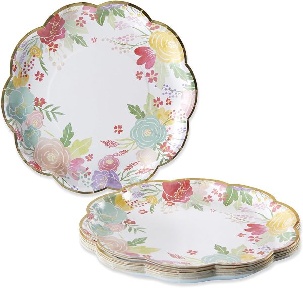 Kate Aspen Garden Blooms 9 in. Premium Decorative Paper Plates | Party Supplies (350 GSM weight -Set of 16) - Perfect for Weddings, Bridal Brunches, Bridal/ Baby Showers