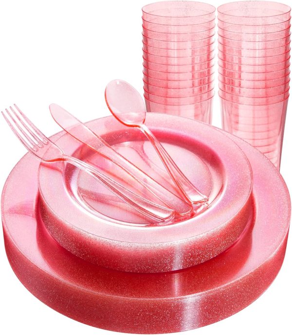 DaYammi 150PCS Pink Plastic Plates Disposable Pink Dinnerware Set Clear Pink Party Plates with Silver Glitter Design include 25 Dinner Plates,25 Cake Plates,75 Cutlery,25 Cup for Valentine's Day Party