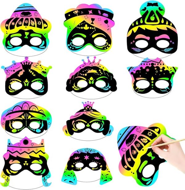Deekin 60 Pcs Purim Story Scratch Masks, Gift Set for Purim Colored Scratch Party Favors DIY Art Mask Craft Kit for Jewish Holiday Party Favors Purim Party Activities Decoration