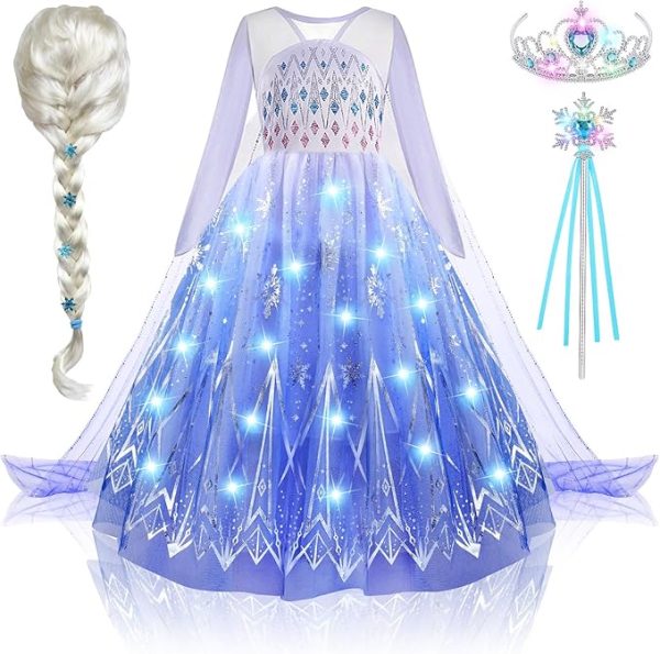 Latocos Light Up Elsa Costume for Girls Kids Princess Dress Up Cloths for Little Girls Birthday Halloween Cosplay