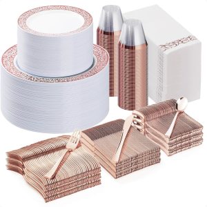 700PCS Rose Gold Plastic Dinnerware Set for 100 Guests, Disposable Plates for Party, Includes: 100 Dinner Plates, 100 Dessert Plates, 100 Rose Gold Silverware Set, 100 Cups, 100 Napkins