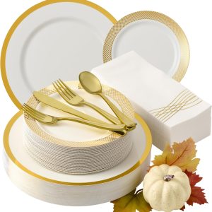 Heavyweight Elegant Disposable Dinnerware Set - Gold Fancy Plastic Dinnerware Sets with Plates, Cutlery, Napkins - Disposable Party Plates - 175 Pcs (25 Guests)