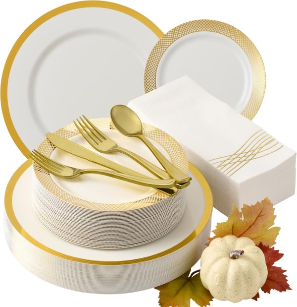 Heavyweight Elegant Disposable Dinnerware Set - Gold Fancy Plastic Dinnerware Sets with Plates, Cutlery, Napkins - Disposable Party Plates - 175 Pcs (25 Guests)