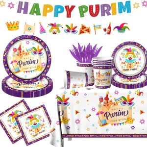 Happy Purim Party Supplies,122Pcs Jewish Purim Tableware Decorations Set Purple White Purim Mask Plates and Clown Napkins,Purim Tablecloth Happy Purim Banner for Jewish Carnival Holiday Party Decor