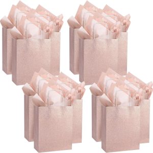 UNIQOOO 12 Pack 9.5" Rose Gold Pink Glitter Kraft Paper Gift Bags For Wedding | Thank You Bag Favor Bags For Bridal Shower, Baby Shower, Valentine's Day, Holidays, Anniversaries, Parties
