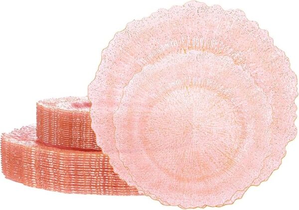 U-QE 60PCS Rose Gold Glitter Plastic Plates - Pink Plastic Plates Disposable&Reusable - Heavy Duty Plastic Plates Include 30 Dinner Plates 10" & 30 Dessert Plates 7" Perfect for Party&Wedding
