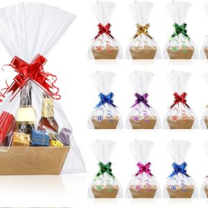 50 Pcs Empty Gift Basket Set 12 Pcs Basket for Gifts Empty Kraft Market Tray Cardboard Basket with Handles, 18 Bags, and 20 Multicolor Bows for Wedding Birthday Easter, 10 x 7 x 3 Inches