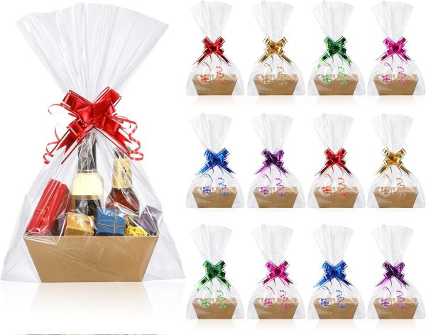 50 Pcs Empty Gift Basket Set 12 Pcs Basket for Gifts Empty Kraft Market Tray Cardboard Basket with Handles, 18 Bags, and 20 Multicolor Bows for Wedding Birthday Easter, 10 x 7 x 3 Inches