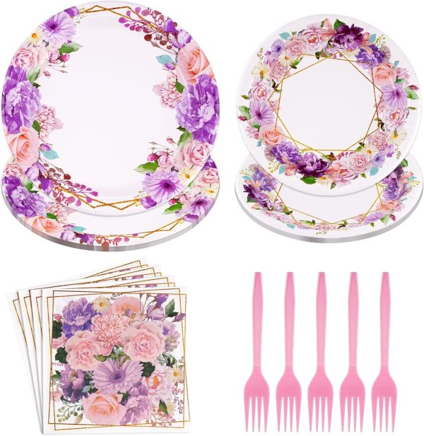 96Pcs Pink Floral Party supplies Floral Paper Plates Napkins Forks, Garden Party Decorations for Girls Floral Birthday Party, Garden Theme Party, Tea Party, Serves 24