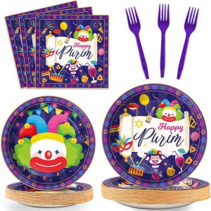 gisgfim 96 Pcs Happy Purim Plates and Napkins Party Supplies Set Jewish Holiday Carnival Disposable Tableware Decorations Favors for Purim Day Carnival Party for 24 Guests