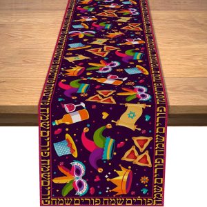 Happy Purim Table Runner, Jewish Holiday Carnival Party Circus Clown Table Cover Hamantaschen Hat Masque Gragger Tablecloth Linen for Indoor Outdoor Birthday Holiday Party Kitchen Home Table Decor