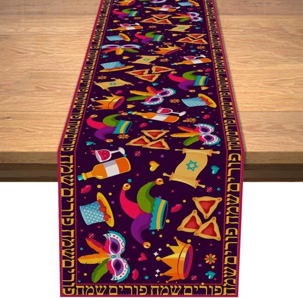 Happy Purim Table Runner, Jewish Holiday Carnival Party Circus Clown Table Cover Hamantaschen Hat Masque Gragger Tablecloth Linen for Indoor Outdoor Birthday Holiday Party Kitchen Home Table Decor