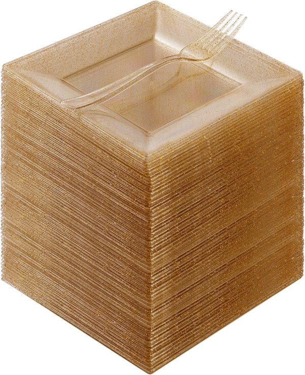 Goodluck 240PCS Square Gold Glitter Plates with Plastic Forks, Gold Dessert Plates for 120 Guests, Heavy Duty Disposable Plates for Party, Including 120 6.5" Plastic Plates and 120 7.4" Forks
