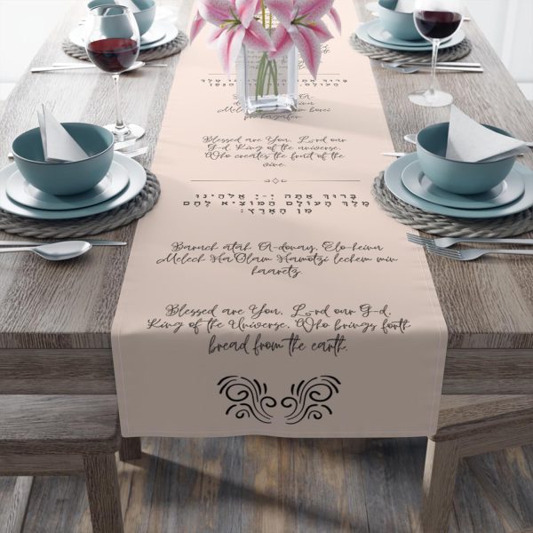 Shabbat kiddush Table Runner, Shabbat Blessings in Hebrew & English Lighting The Candles and Breaking The Bread