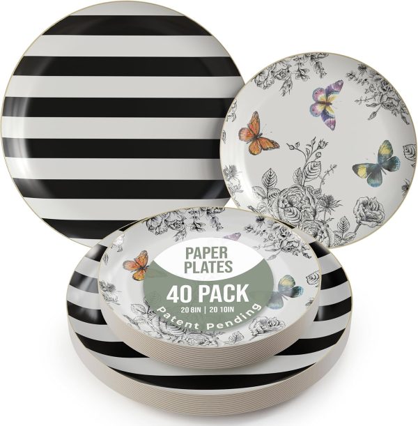 Trendables Floral Paper Plates 40 Pcs Fancy Disposable Plates for Party Set - 20 Guests 20 X 8 Small Paper Plates Dessert Plates & 20 X Large Paper Plates 10 Inch Paper Plates Bulk | Monarch