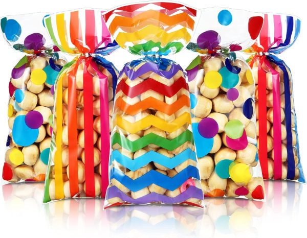 105 Pieces Rainbow Cellophane Treat Bags, Valentine's Day Polka Dot Stripes Printed Pattern Goodie Candy Favor Bags with Twist Ties for Pride Day Baby Shower Birthday Party Supplies(Rainbow Style)