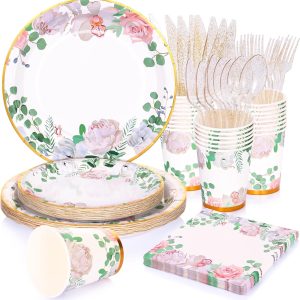 Floral Party Decorations Bridal Shower Plates and Napkins Sets for 24 Guest-Tea Party Themed Decorations,Floral Party Paper Plates,Cups,Nakpins for Baby Shower,Birthday,Wedding Tea Party Supplies