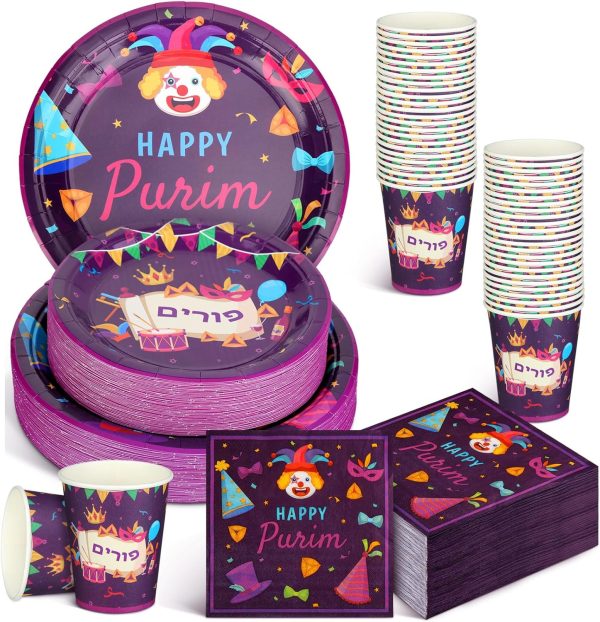 200 Pcs Rosh Hashanah Party Tableware Set Sukkot Tableware Set Includes Paper Plates Dessert Plates Cups and Napkins for Party Decoration Serves 50 Guests (Clown)