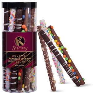 KREMERY Creamy Chocolate Cravings - Valentines Chocolate Covered Pretzel Rods Gift Basket in Clear Tube (8 Count) Birthday Sweet Treats - Assorted Candy Toppings - Kosher Dairy