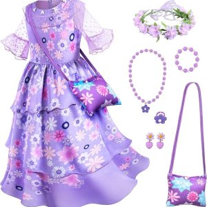 Purple Princess Costume Dress for Girls Birthday Halloween Party Dress Up with Bag Headband Necklace Earrings Ring