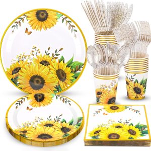 Sunflower Party Supplies, Sunflower Plates and Napkins Set, Disposable Sunflower Plates, Party Cups, Napkins and Cutlery for Sunflower Birthday, Baby Shower, Bridal Shower, Sunflower Parties Serves 24