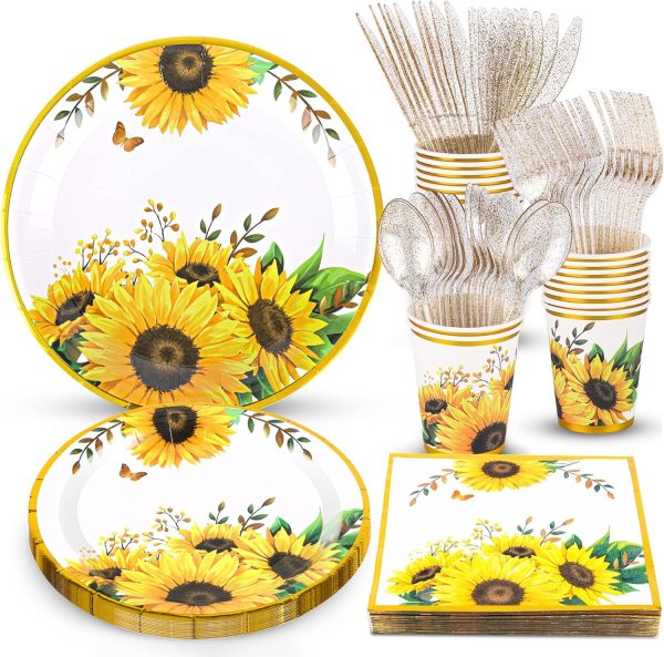 Sunflower Party Supplies, Sunflower Plates and Napkins Set, Disposable Sunflower Plates, Party Cups, Napkins and Cutlery for Sunflower Birthday, Baby Shower, Bridal Shower, Sunflower Parties Serves 24