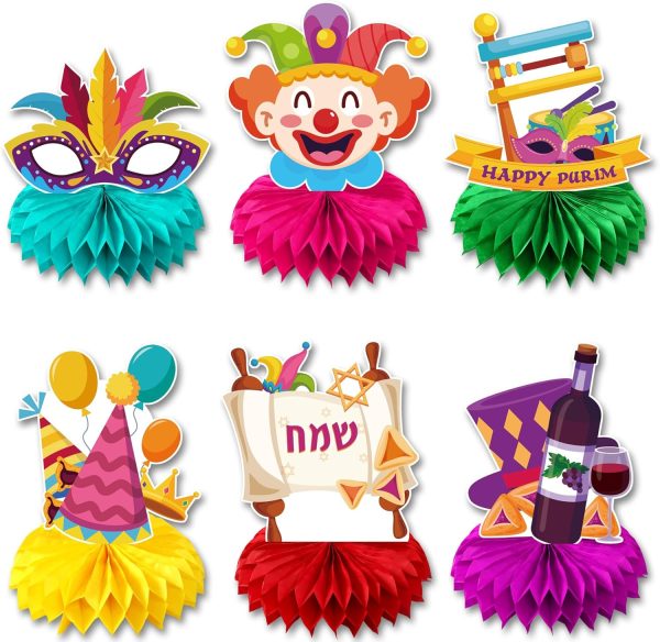 Purim Party Decorations Honeycomb Centerpieces, Jewish Carnival Table Centerpieces Sign Table Topper for Purim Party Home Decor - Set of 6 Counts