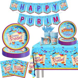 Happy Purim Party Supplies, Purim theme Set Includes paper plate, tablecloth, napkin Carnival Mask Harman Ear Decoration for Jewish Carnival Holiday party, Carnival Mask Party