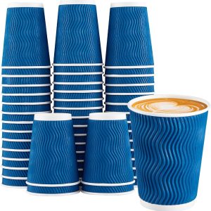 Lamosi 12 oz Insulated Coffee Cups Disposable - 50 Count Blue Paper Coffee Cups No Lids 12oz, Corrugated Ripple Wall Design for Hot Cold Drinks