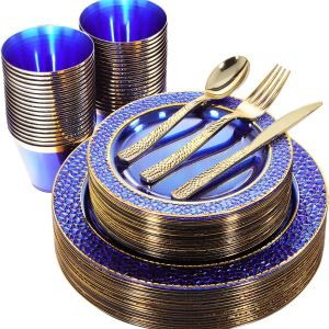 Nervure 150PCS Clear Blue Plastic Plates - Gold Party Plates - Blue and Gold Plates Include: 25Dinner Plates, 25Dessert Plates, 25Cups, 25Forks, 25Knives, 25Spoons for Wedding & Party