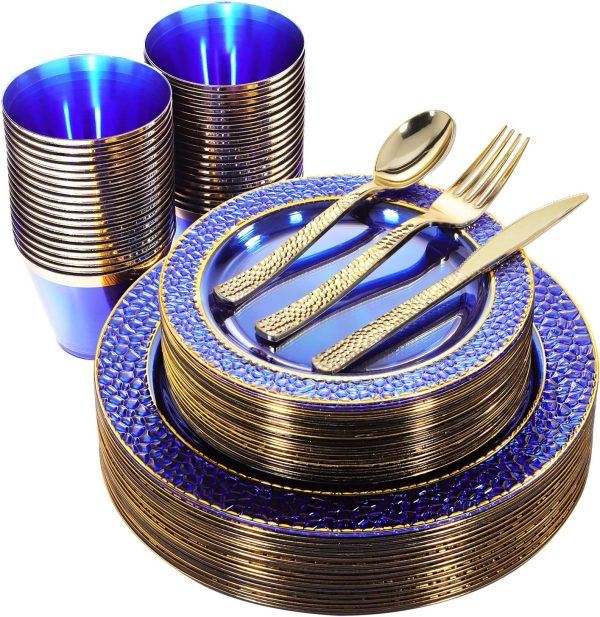 Nervure 150PCS Clear Blue Plastic Plates - Gold Party Plates - Blue and Gold Plates Include: 25Dinner Plates, 25Dessert Plates, 25Cups, 25Forks, 25Knives, 25Spoons for Wedding & Party