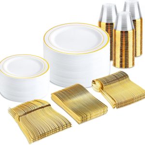 bUCLA 300PCS Gold Disposable Dinnerware Set - White and Gold Plastic Plates Dinnerware 50 Guests - Include 50 Dinner Plates,50 Dessert Plates,50 Knives,50 Forks,50 Spoons,50 Cups for Party&Wedding