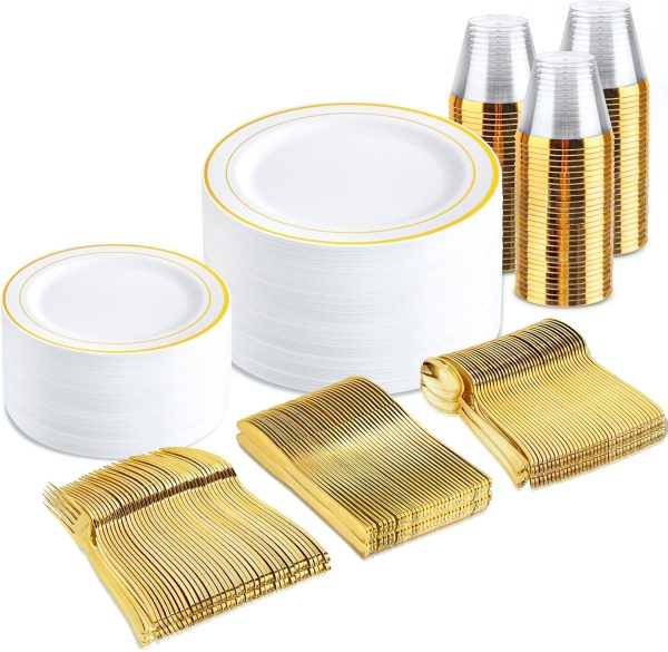 bUCLA 300PCS Gold Disposable Dinnerware Set - White and Gold Plastic Plates Dinnerware 50 Guests - Include 50 Dinner Plates,50 Dessert Plates,50 Knives,50 Forks,50 Spoons,50 Cups for Party&Wedding