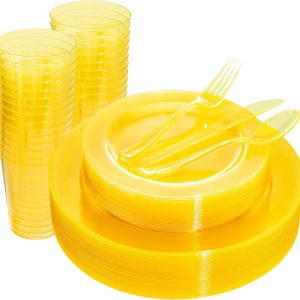WDF 25 Guest Blue Plates with Disposable Plastic Silverware&Blue Cups-Neon Clear Plastic Dinnerware include 25 Dinner Plates,25Salad Plates,25Forks, 25 Knives, 25 Spoons,25 Plastic Cups