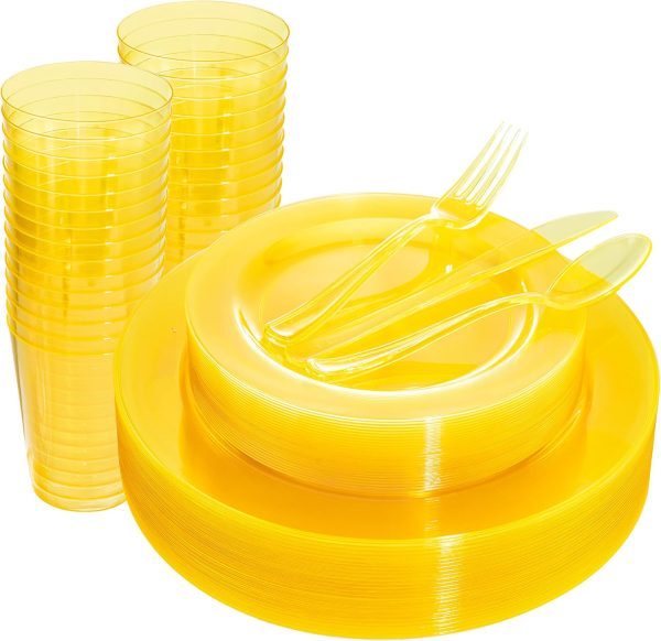WDF 25 Guest Blue Plates with Disposable Plastic Silverware&Blue Cups-Neon Clear Plastic Dinnerware include 25 Dinner Plates,25Salad Plates,25Forks, 25 Knives, 25 Spoons,25 Plastic Cups