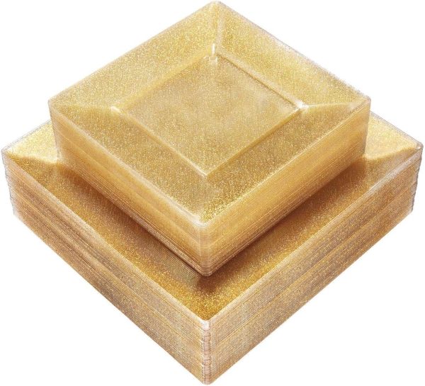 Liacere 60Pieces Gold Glitter Plastic Plates - Premium Gold Square Disposable Plates - Include 30PCS 9.5inch Gold Dinner Plates - 30PCS 7inch Gold Dessert/Salad Plates for Party&Wedding&Thanksgiving
