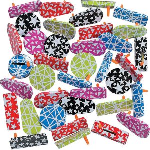 Fun Express Bulk Metal Noise Makers and Clackers, Great for Noise Makers during New Years, Sporting Events or Gragers for Purim, 50 Pieces, Assorted Sizes, Shapes and Bright Colors