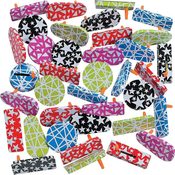 Fun Express Bulk Metal Noise Makers and Clackers, Great for Noise Makers during New Years, Sporting Events or Gragers for Purim, 50 Pieces, Assorted Sizes, Shapes and Bright Colors