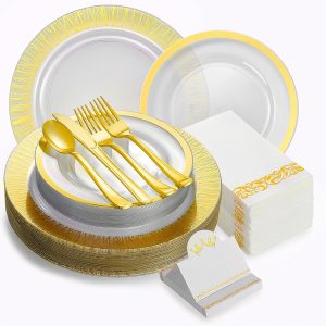 200 Pcs Clear Plastic Dinner Plates set for 25 guests - Decorative Disposable Plates - Disposable Plates - Party Plates Set: 7’’ & 10’’ Plates, Forks, Spoons, Knives, Napkins, Guest Cards