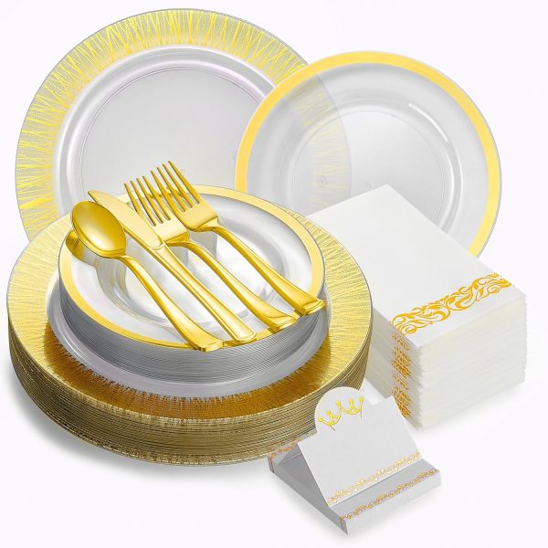 200 Pcs Clear Plastic Dinner Plates set for 25 guests - Decorative Disposable Plates - Disposable Plates - Party Plates Set: 7’’ & 10’’ Plates, Forks, Spoons, Knives, Napkins, Guest Cards