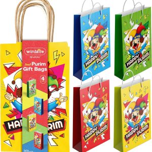 Winfaire Purim Gift Bags, 4 Pack Small Purim Bags Kids for Mishloach Manot - Purim Boxes and Bags - Happy Purim Bags and Boxes - Multicolored Purim Design